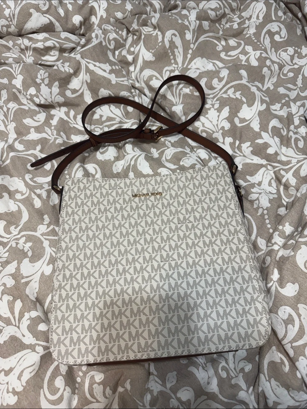 Michael Kors Cream Logo Crossbody with Brown Strap